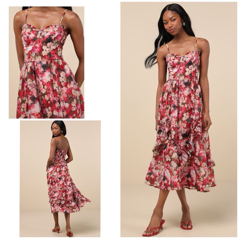 Lulu's Red Pink Floral Midi Dress